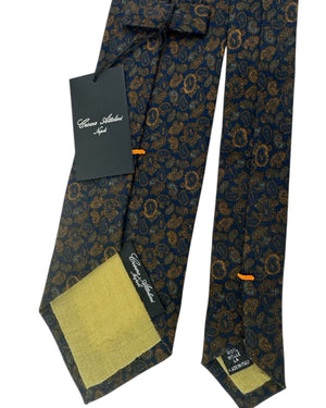 Cesare Attolini Wool Tie Midnight Blue Brown With Gold Paisley Pattern