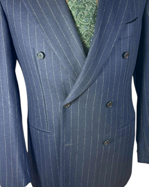 Cesare Attolini Suit Midnight Blue Gray Stripes Peak Lapel  New