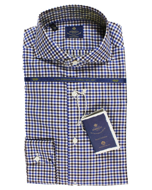 Luigi Borrelli Dress Shirt ROYAL COLLECTION White Royal Blue Brown Check 