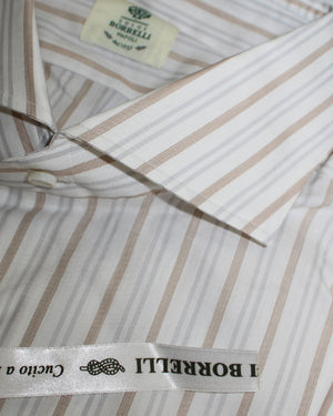 Luigi Borrelli Dress Shirt White Taupe Gray Stripes 44 - 17 1/2