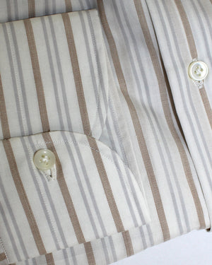 Luigi Borrelli Dress Shirt White Taupe Gray Stripes 44 - 17 1/2