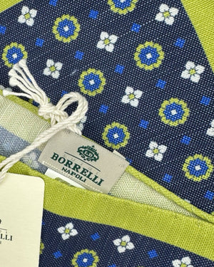 Luigi Borrelli Pocket Square Navy Olive Medallion - Linen Silk SALE