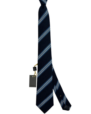 Canali Silk Tie Navy Blue Stripes - Cotton Linen Silk