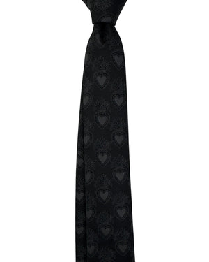 Dolce & Gabbana Skinny Tie Black Tonal Flaming Hearts