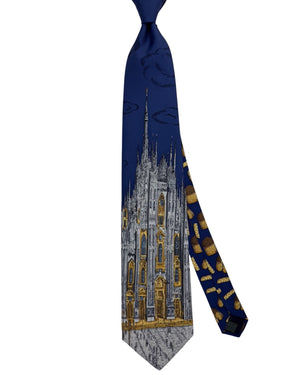 Fornasetti Tie Blue Gray 'Faciatto Duomo' Design- Wide Necktie