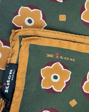Kiton Silk Pocket Square Olive Green Brown Flowers