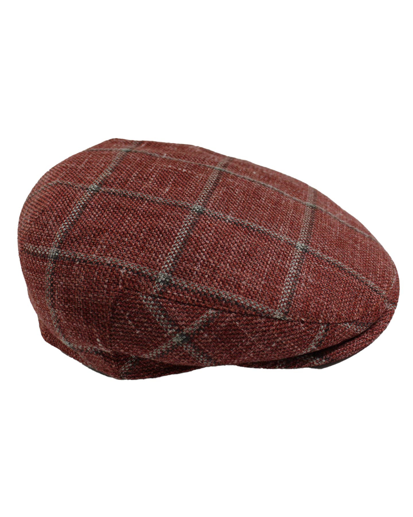 Kiton Flat Cap Brick Red Gray Windowpane - Wool Cashmere Blend