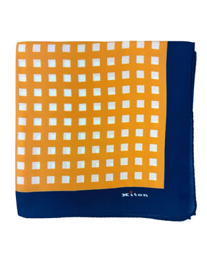 Kiton Silk Pocket Square Orange Royal Blue Check
