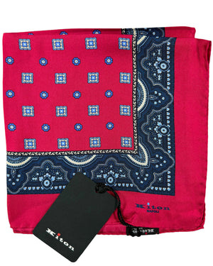 Kiton Silk Pocket Square Red Blue Medallions