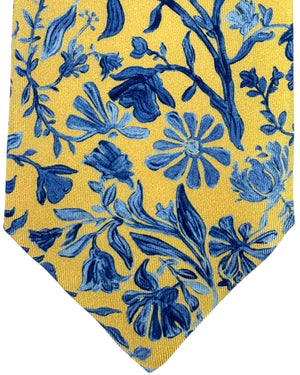 Leonard Paris Silk Tie Mustard Yellow Blue Floral Botanical