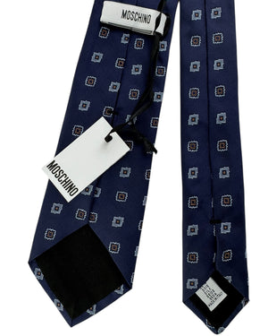 Moschino Silk Tie Navy Blue With Geometric Square Foulard Pattern