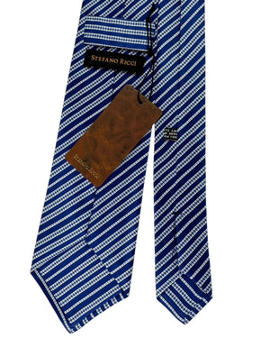 Stefano Ricci Pleated Silk Tie Navy White Floral Stripe Pattern
