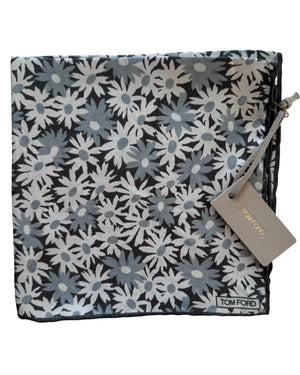 Tom Ford Silk Pocket Square Gray Daisy Floral Print