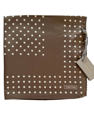 Tom Ford Silk Pocket Square Brown White Polka Dot
