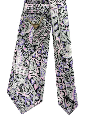 Vitaliano Pleated Silk Tie Gray Pink Purple Paisley