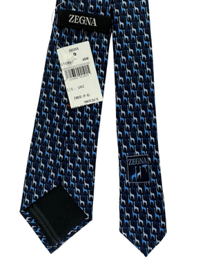 Ermenegildo Zegna Silk Tie Navy Blue Abstract Geometric Pattern - Narrow Cut