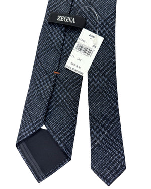 Zegna Tie Black Midnight Blue Plaid - Wool Silk Zegna