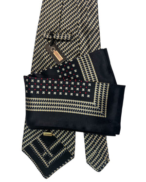 Zilli Silk Tie & Matching Pocket Square Set Black And Ivory Houndstooth