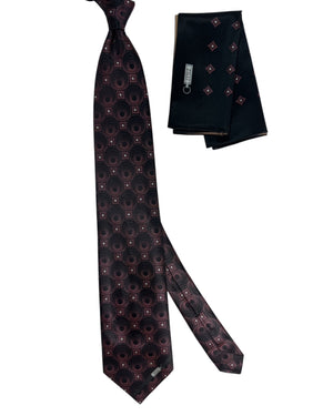 Zilli Silk Tie & Matching Pocket Square Set Burgundy Circular Medallion