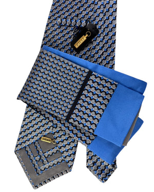 Zilli Silk Tie & Matching Pocket Square Set Blue And Black Circle Repeat
