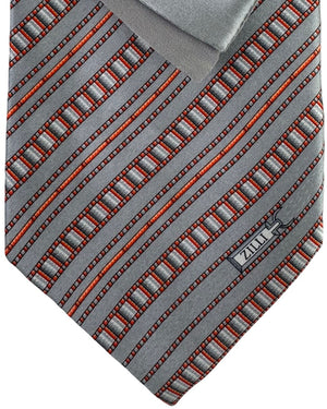 Zilli Tie & Matching Pocket Square Set Silver Gray Stripes Orange SALE