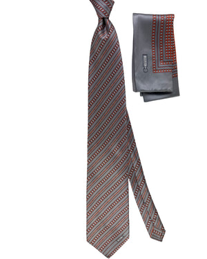 Zilli Tie & Matching Pocket Square Set Silver Gray Stripes Orange SALE