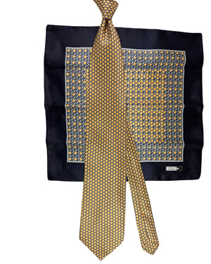 Zilli Tie & Matching Pocket Square Set Gold Black Hexagon Pattern SALE