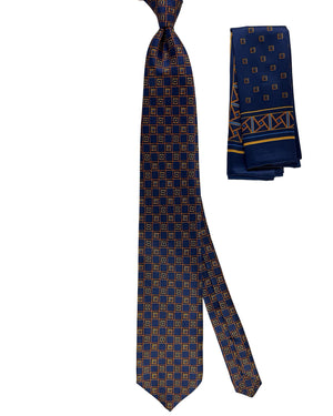 Zilli Tie & Matching Pocket Square Set Navy Brown Gold Square Design