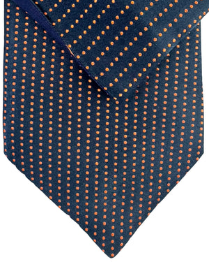Zilli Silk Tie & Matching Pocket Square Set Midnight Blue Peach Micro Dots