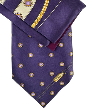 Zilli Silk Tie & Matching Pocket Square Set Aubergine Purple Gold Design