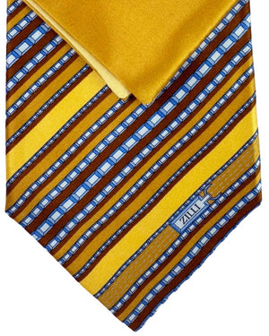 Zilli Silk Tie & Matching Pocket Square Set Olive Brown Blue Design