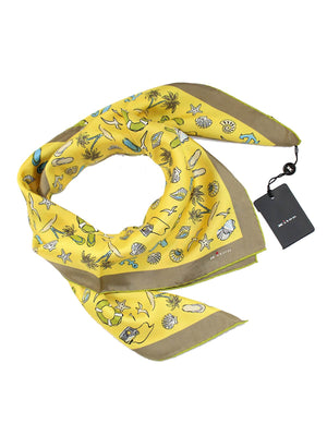 Kiton Scarf Yellow Beach Novelty - Square Twill Silk Foulard FINAL SALE