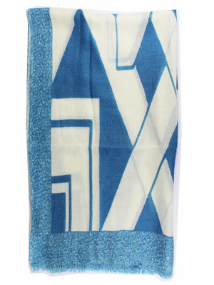 Kiton Scarf Aqua White Geometric Design - Cashmere Silk Shawl