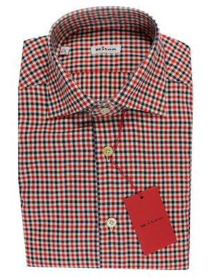 Kiton Dress Shirt White Navy Red Check 