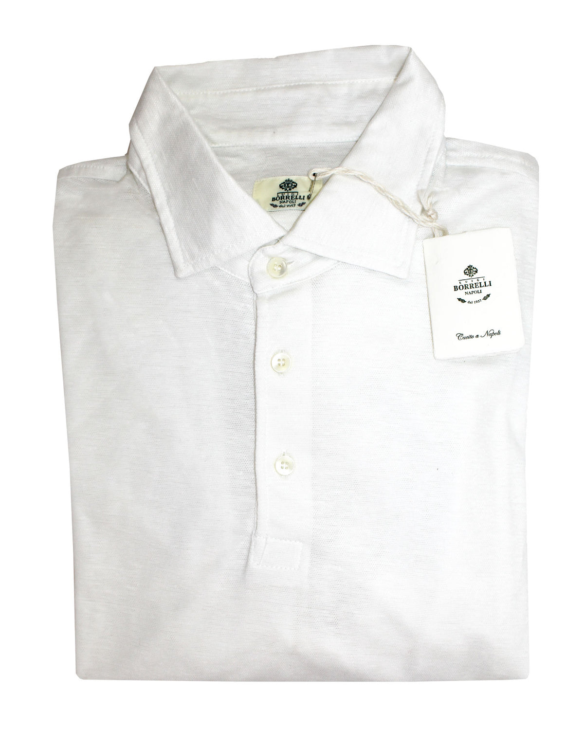 Luigi Borrelli Long Sleeve Polo Shirt White Linen Cotton
