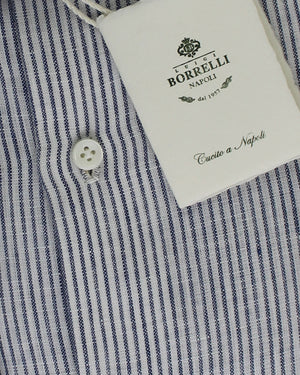 Luigi Borrelli Linen Sport Shirt White Navy Stripes 