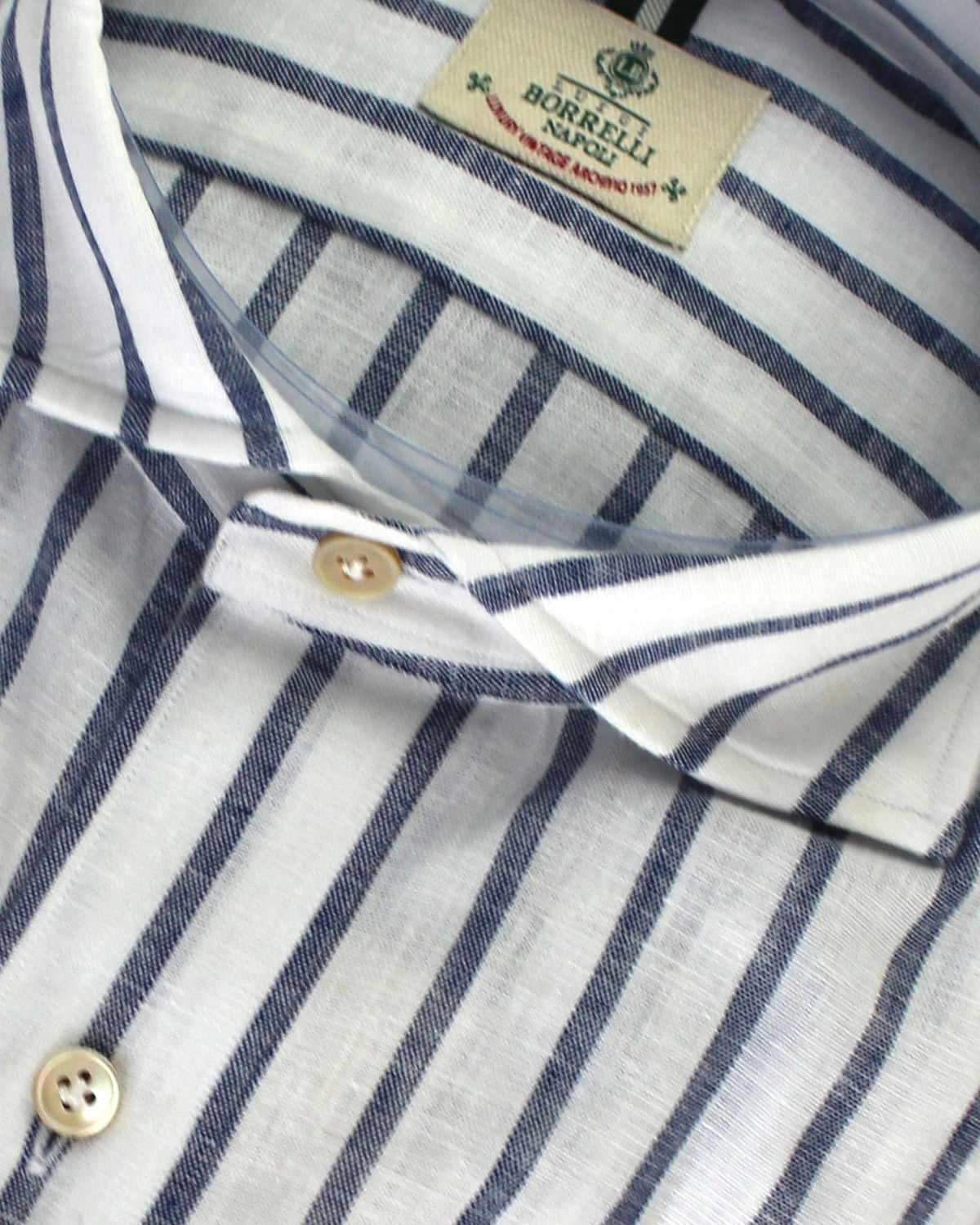 Luigi Borrelli Sport Shirt White Navy Stripes Linen Cotton