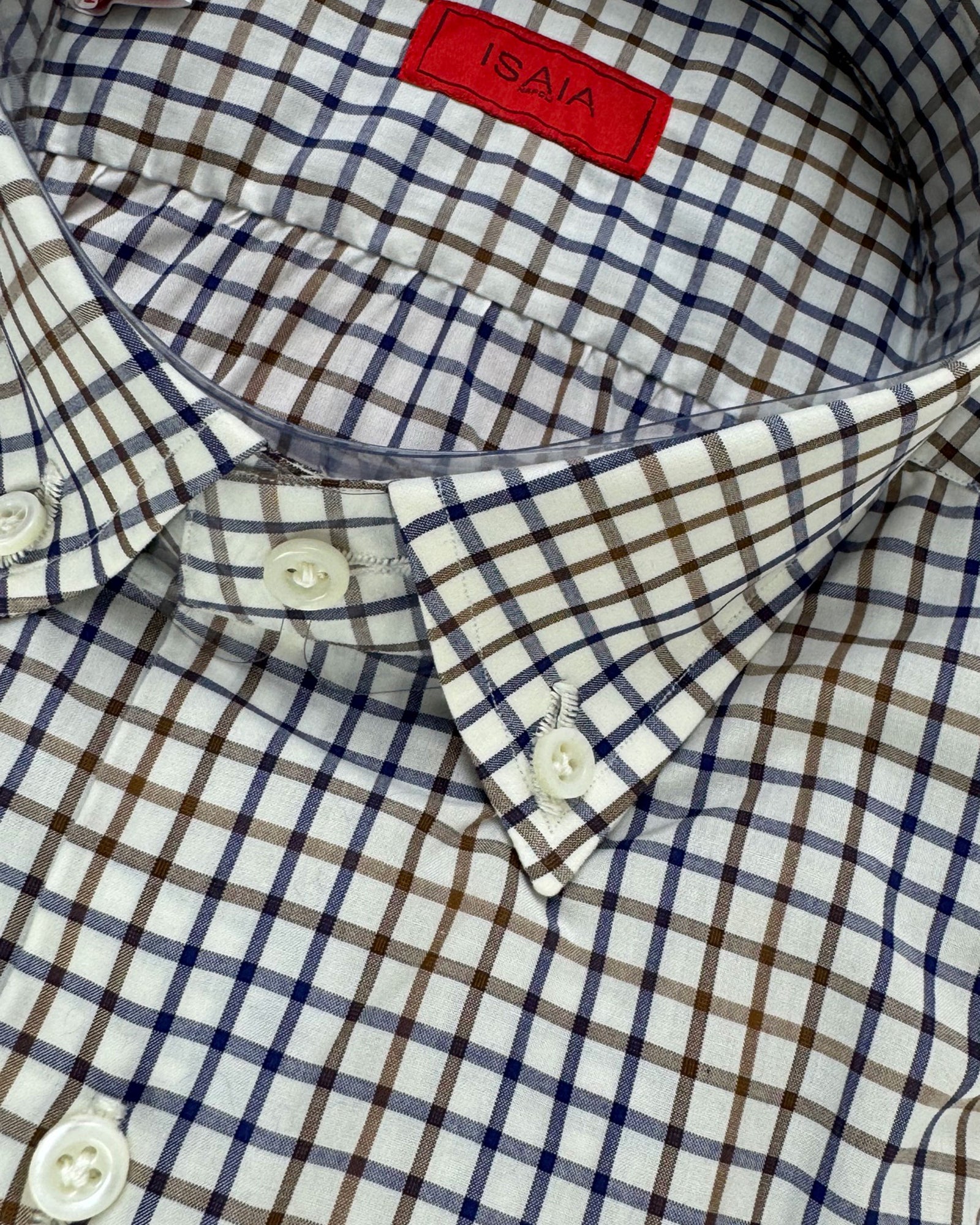 Isaia Dress Shirt White Navy Brown Check Button-Down 