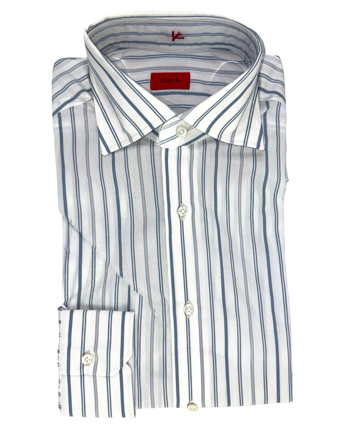 Isaia Shirt White Slate Blue Gray Stripes 