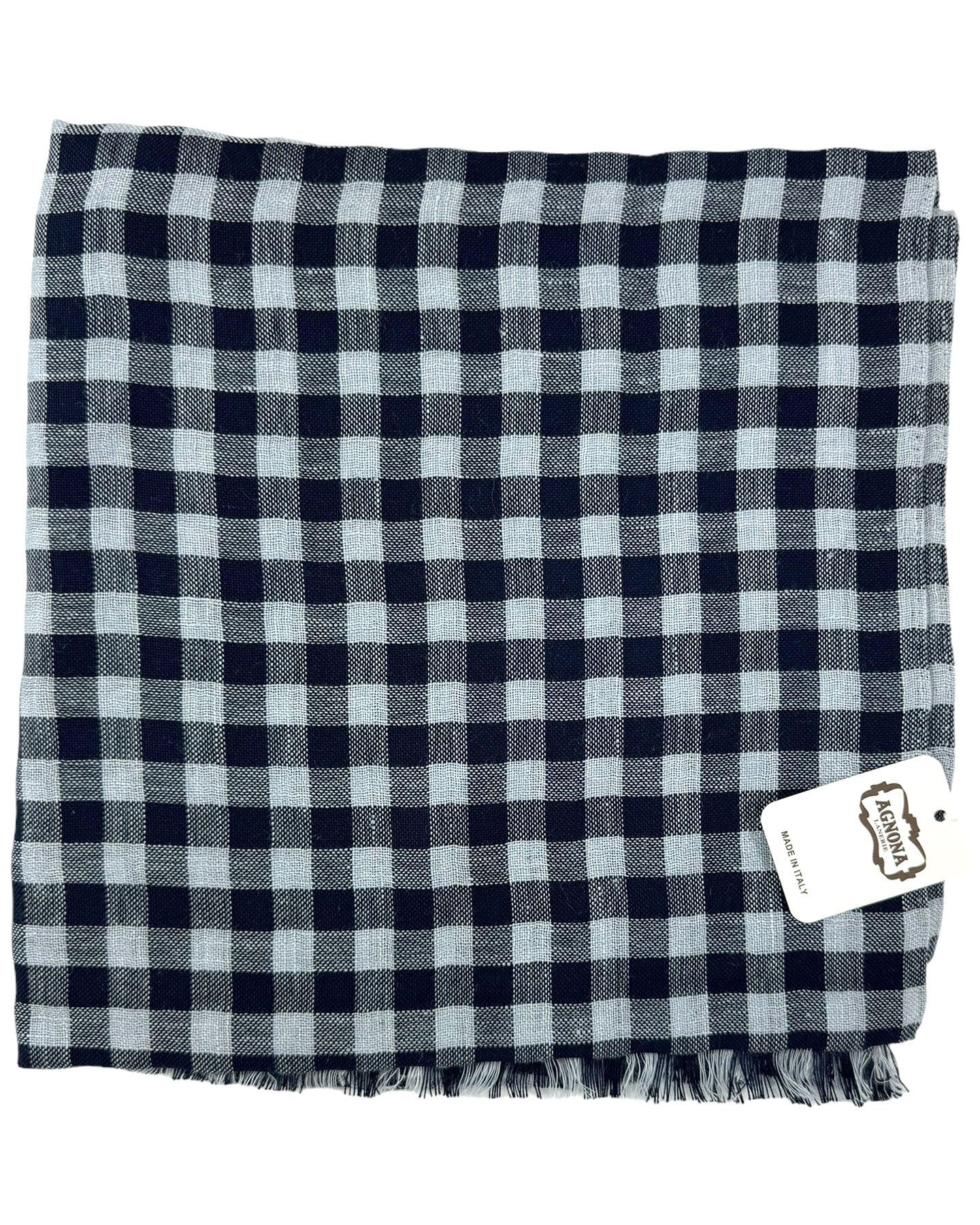 Agnona Scarf Black Sky Blue Plaid Check - Luxury Silk Linen Shawl