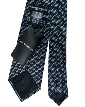 Armani Silk Tie Petrol Blue Gray Herringbone Stripes