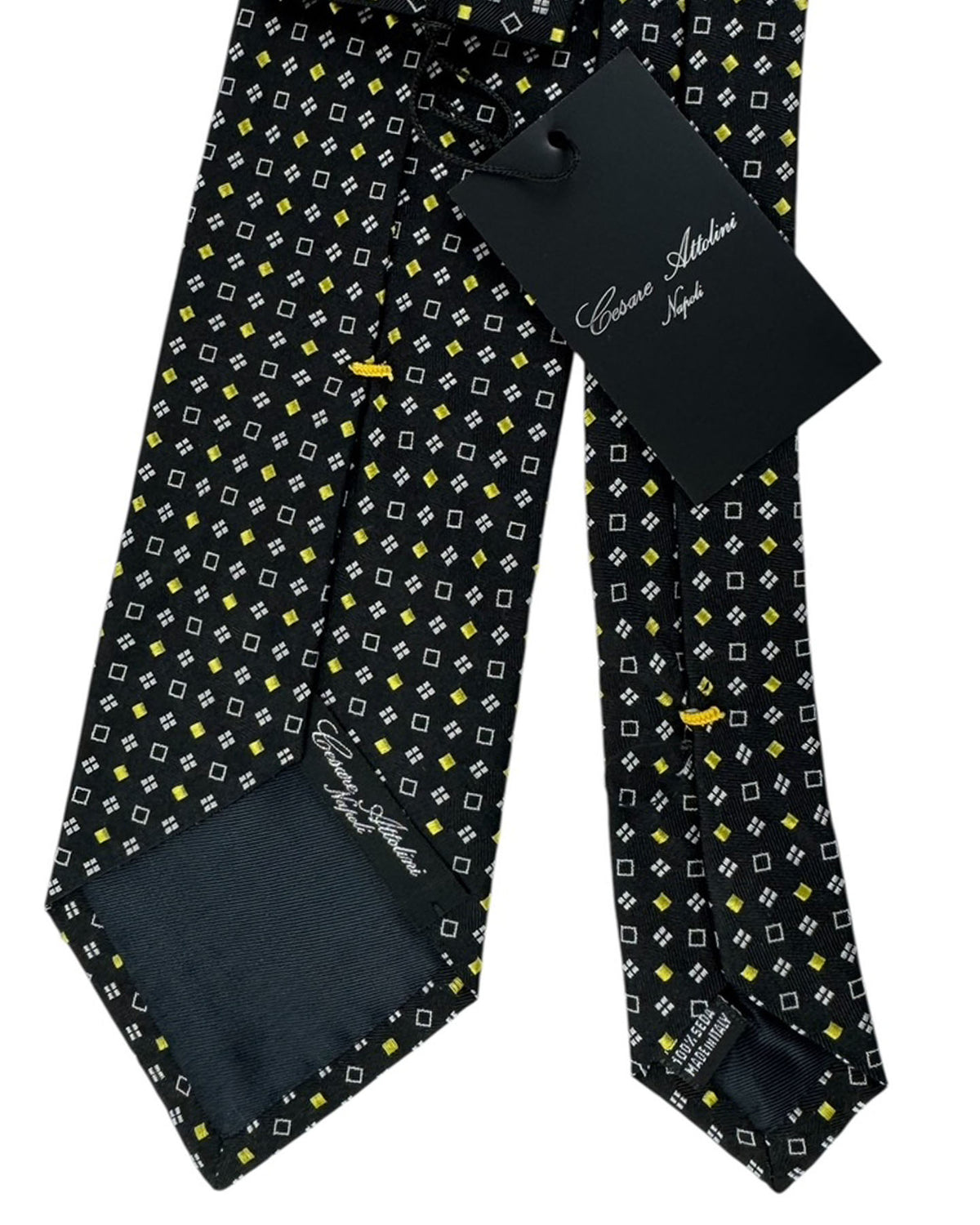 Cesare Attolini Unlined Tie Black With Yellow And White Grid