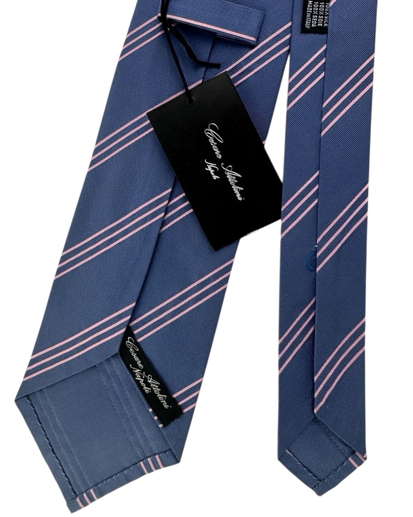Cesare Attolini Tie Navy Blue Striped With Pink Accents