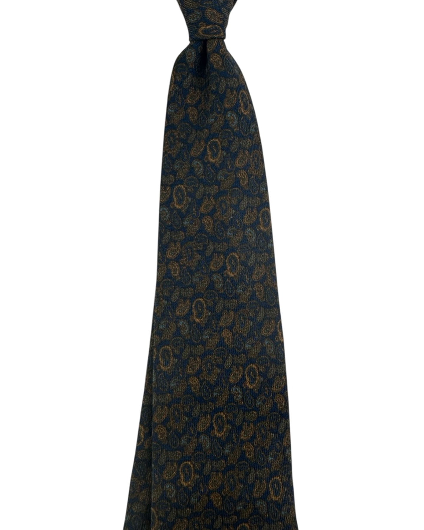Cesare Attolini Wool Tie Midnight Blue Brown With Gold Paisley Pattern
