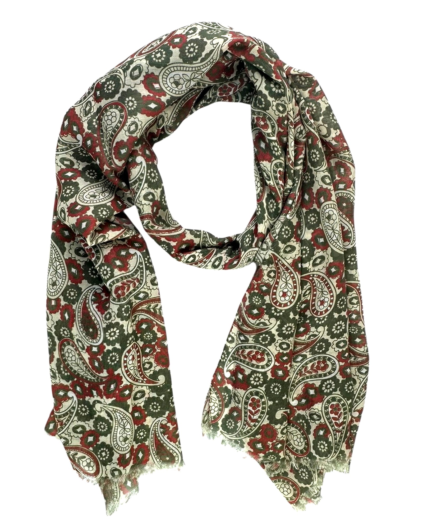 Cesare Attolini Scarf Forest Green Red White Paisley - Luxury Cashmere Cotton Shawl CYBER MONDAY SALE