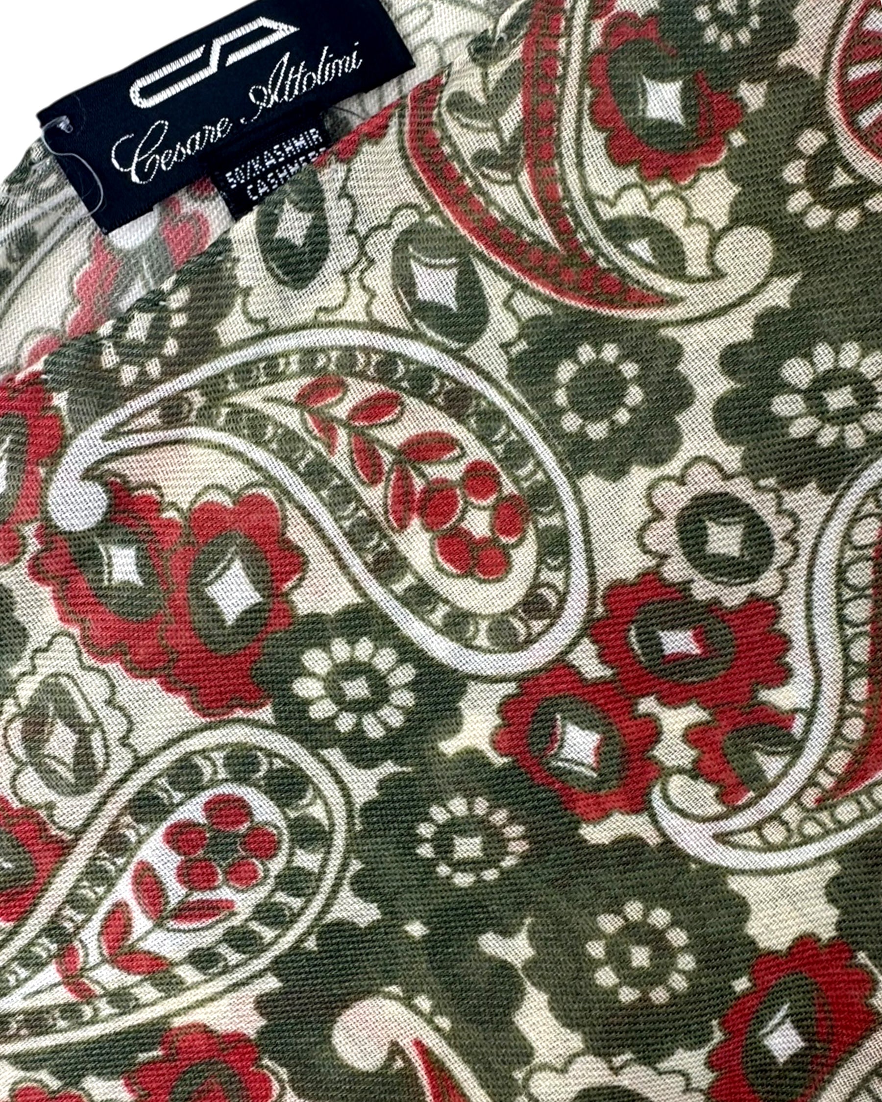 Cesare Attolini Scarf Forest Green Red White Paisley - Luxury Cashmere Cotton Shawl CYBER MONDAY SALE