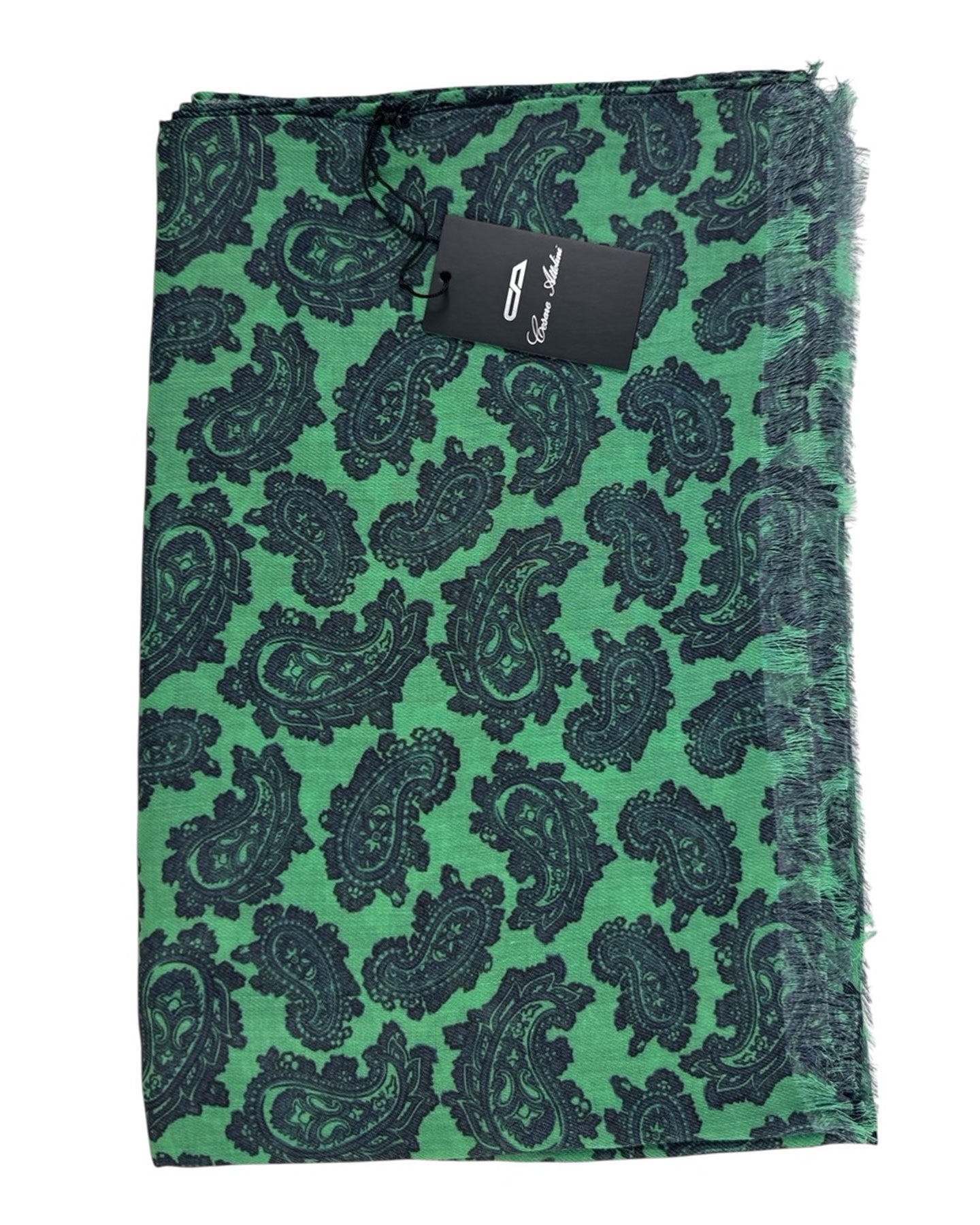 Cesare Attolini Scarf Classic Green Navy Paisley - Cashmere Cotton Shawl