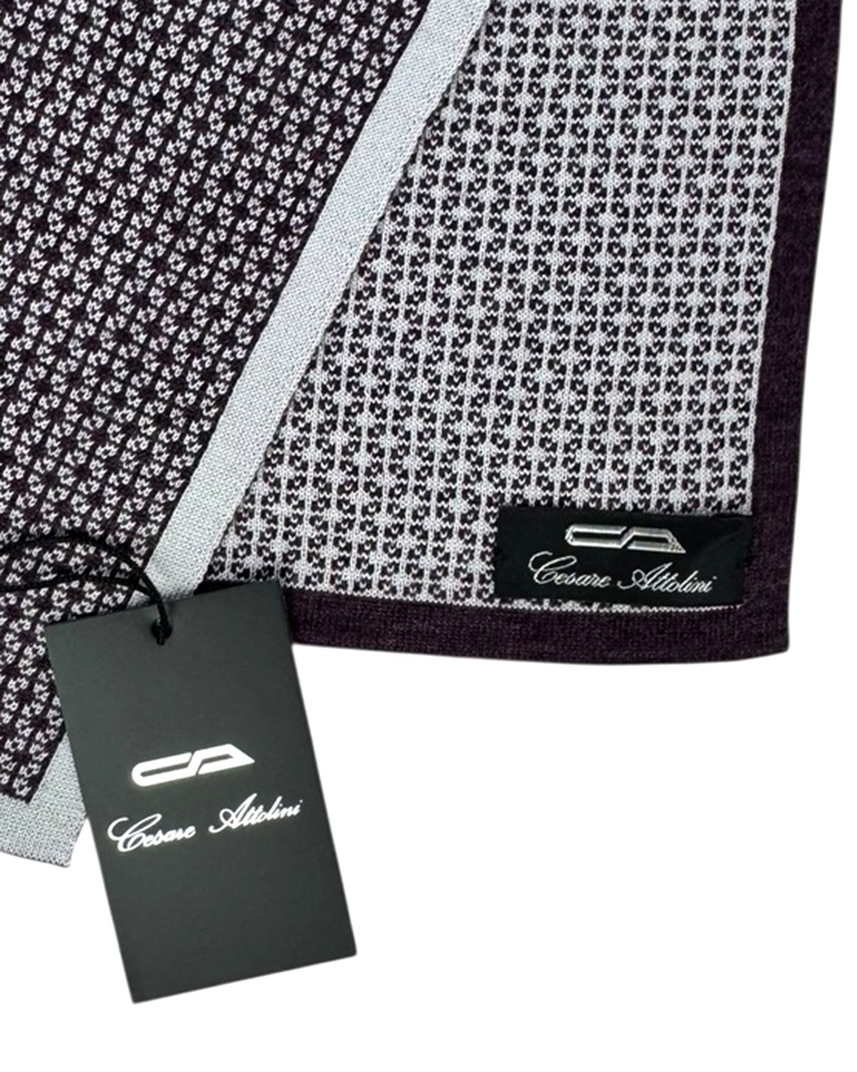 Cesare Attolini Scarf Purple Gray Geometric - Luxury Wool Silk Shawl