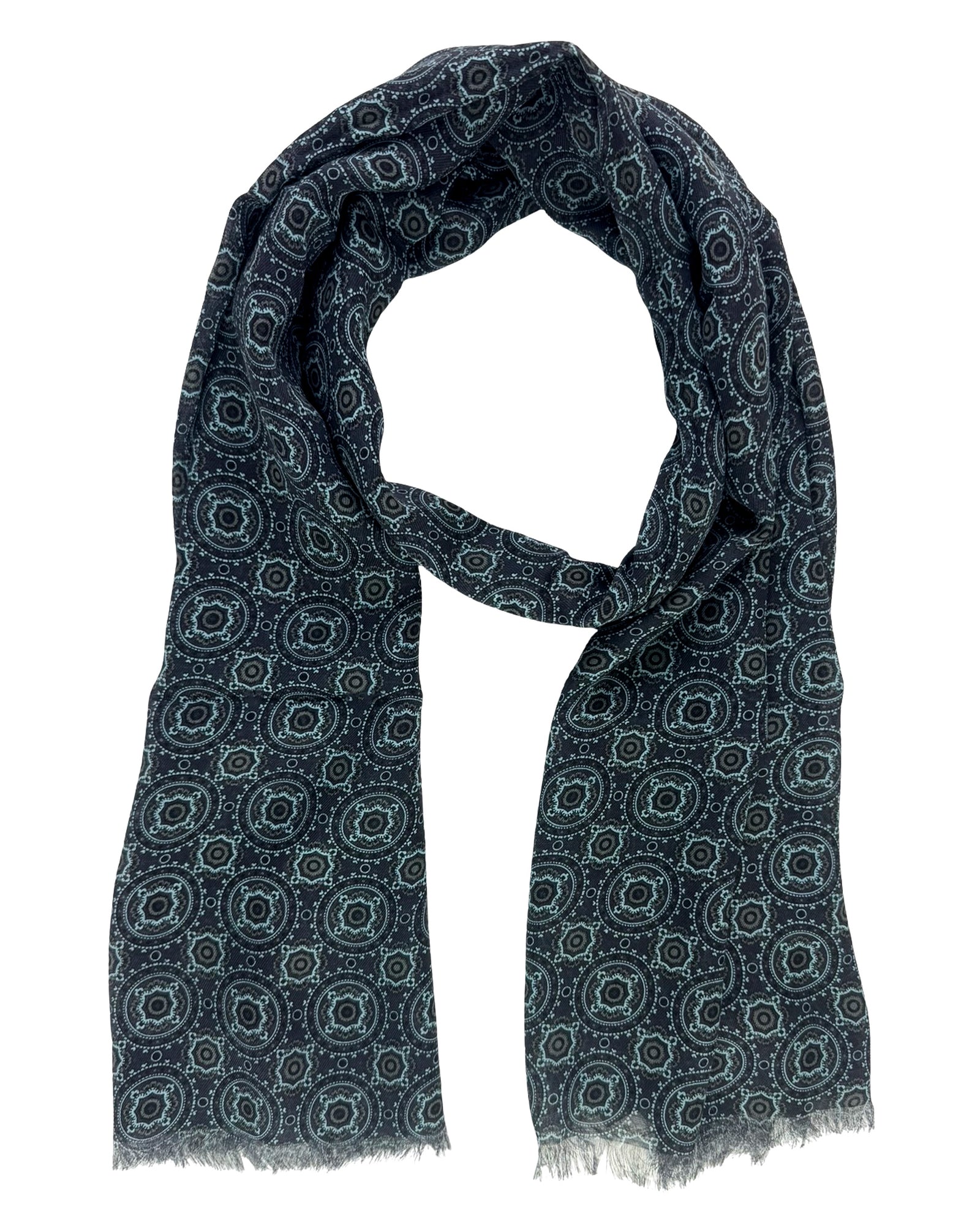 Cesare Attolini Scarf Black Gray Sky Blue Medallion - Cashmere Cotton