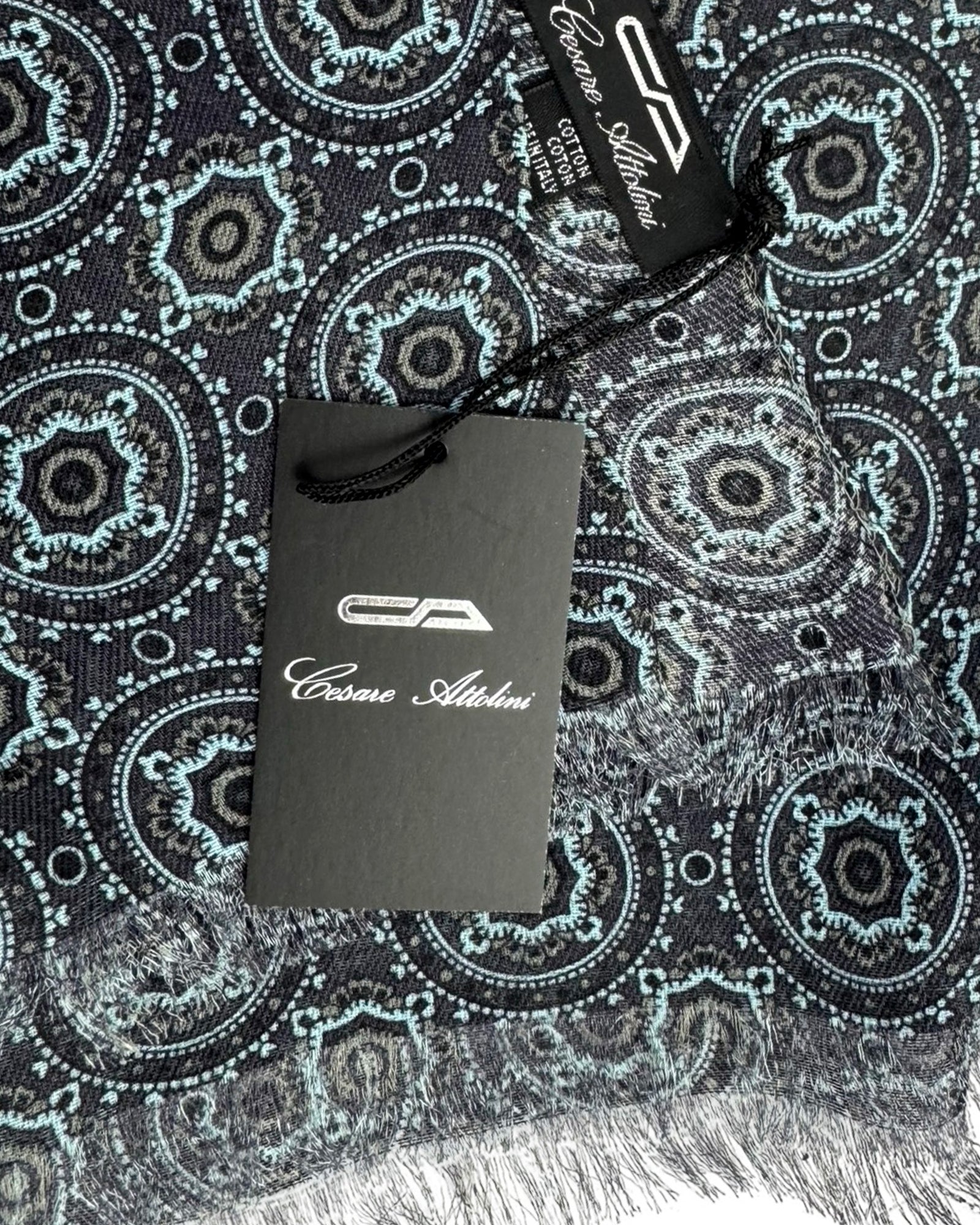 Cesare Attolini Scarf Black Gray Sky Blue Medallion - Cashmere Cotton